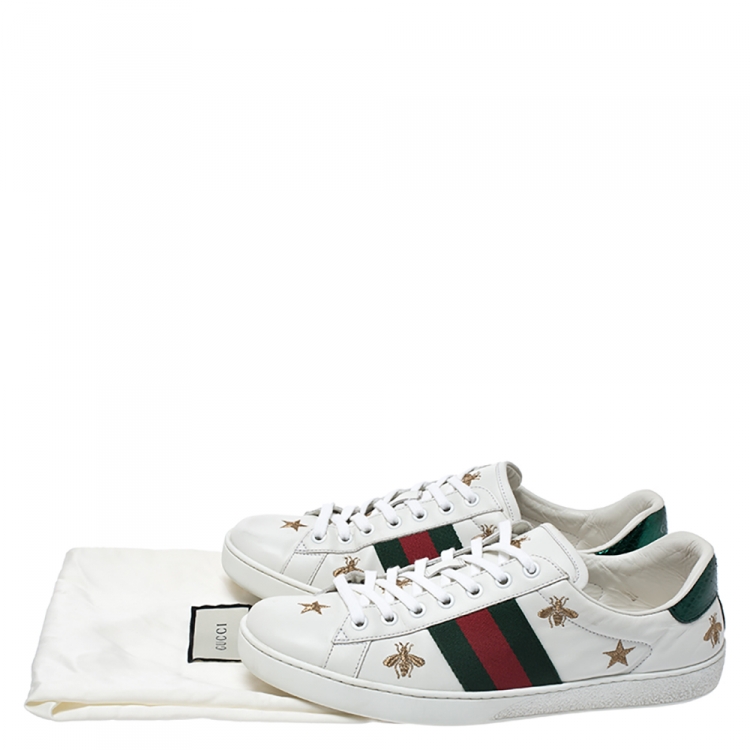 Pre Owned Gucci White Leather Ace Web Bee Embroidered Low Top Sneakers Size 42.5