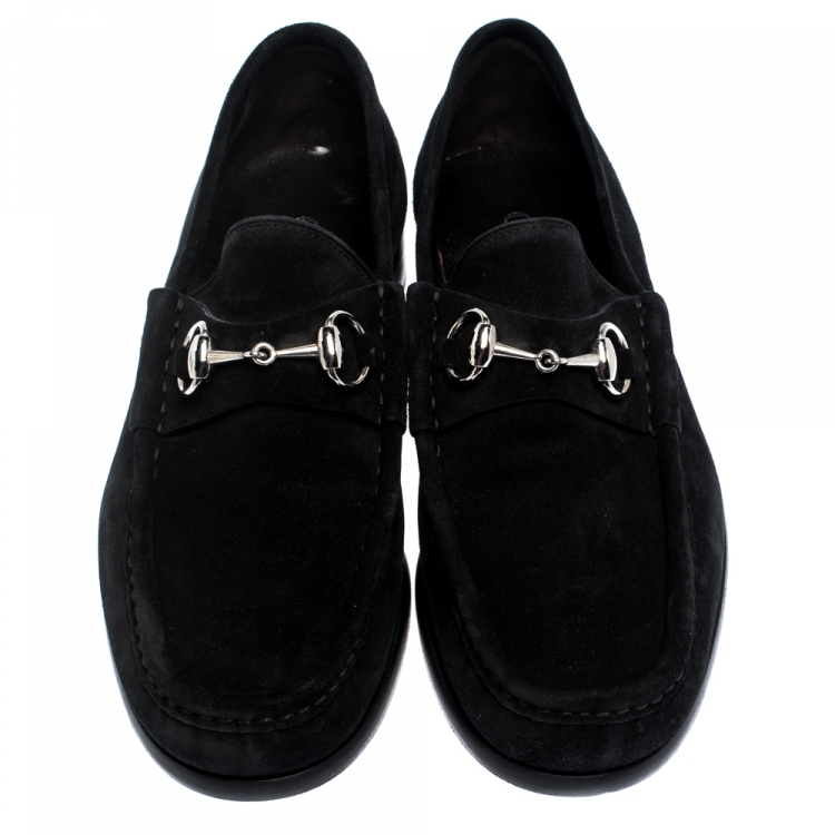 Pre Owned Gucci Black Suede Leather Horsebit Loafers Size 41.5