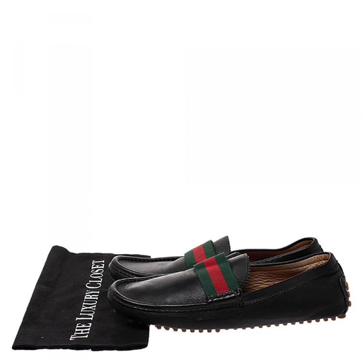 Pre Owned Gucci Black Leather Web Detail Loafers Size 42