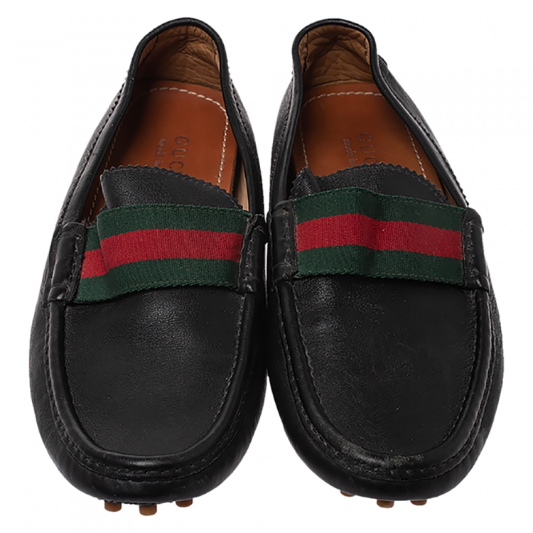 Pre Owned Gucci Black Leather Web Detail Loafers Size 42