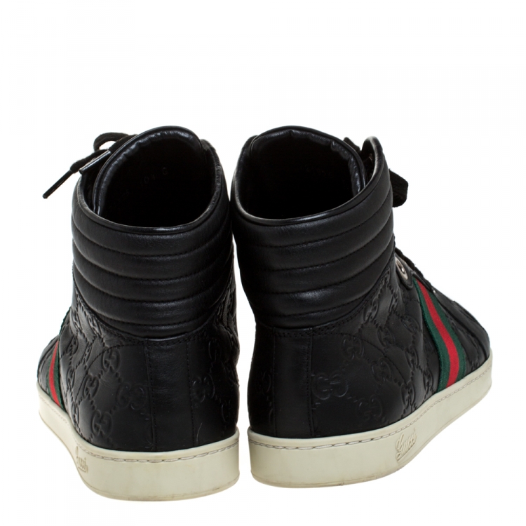 Pre Owned Gucci Black Guccissima Leather Web Detail Lace High Top Sneaker Size 44.5