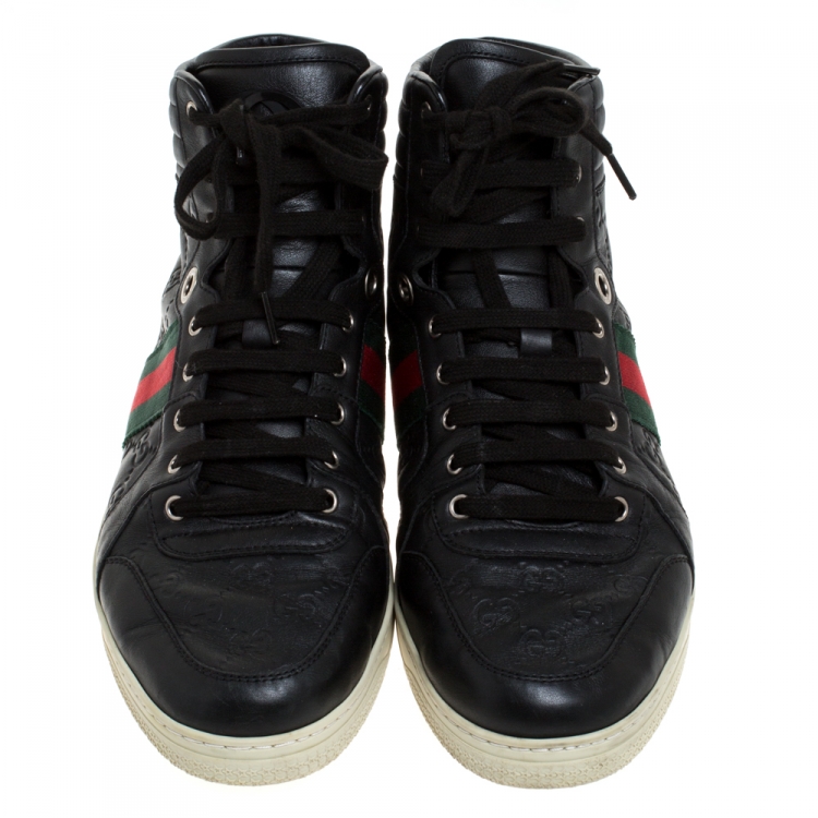 Pre Owned Gucci Black Guccissima Leather Web Detail Lace High Top Sneaker Size 44.5