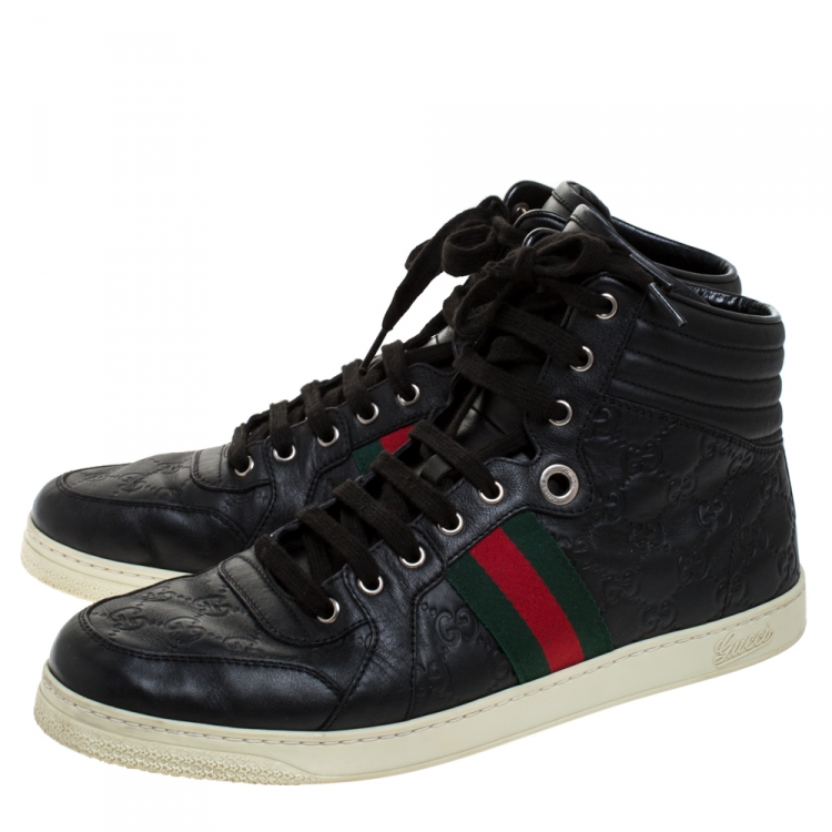 Pre Owned Gucci Black Guccissima Leather Web Detail Lace High Top Sneaker Size 44.5