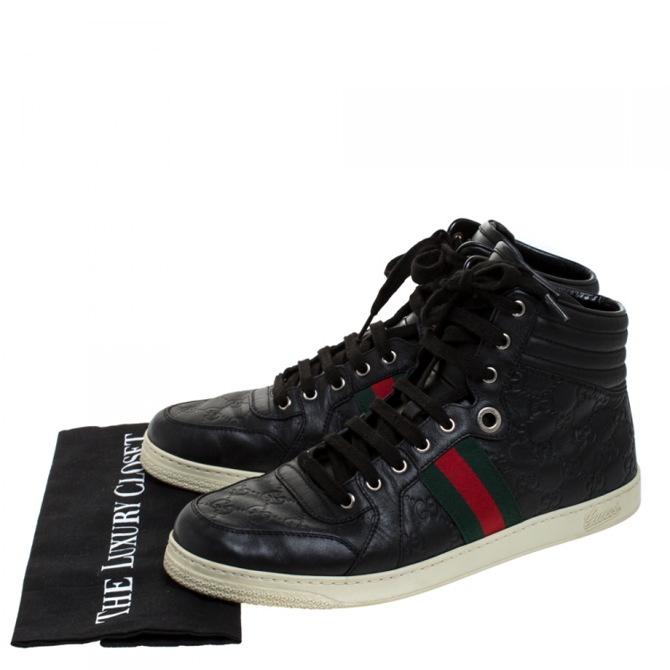 Pre Owned Gucci Black Guccissima Leather Web Detail Lace High Top Sneaker Size 44.5