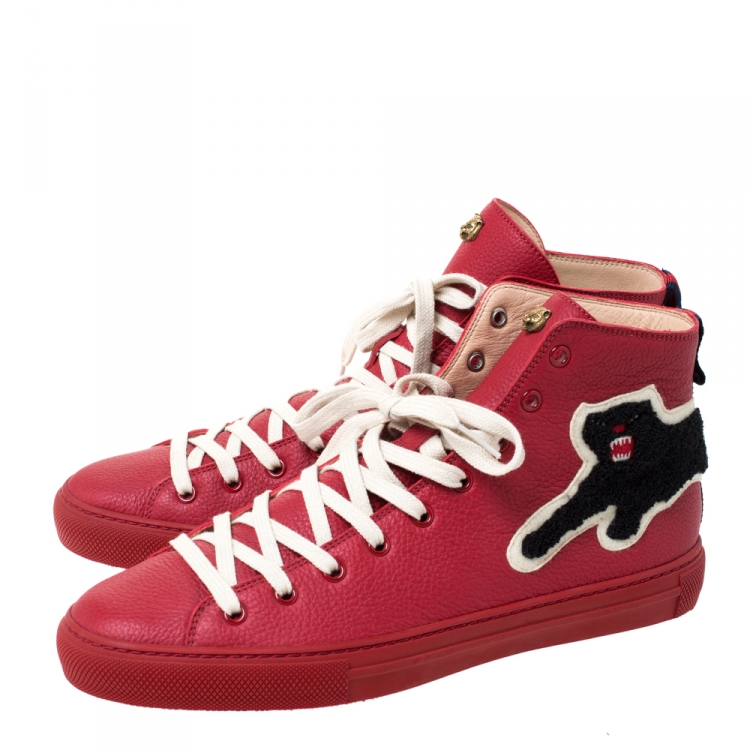 Pre Owned Gucci Red Leather Web Detail with  Panther High Top Lace Up Sneaker Size 42.5