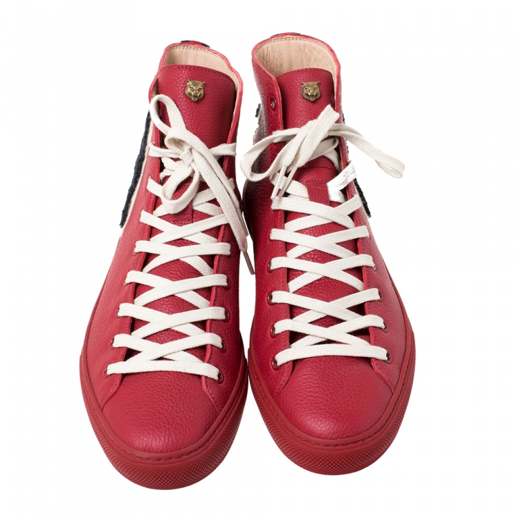 Pre Owned Gucci Red Leather Web Detail with  Panther High Top Lace Up Sneaker Size 42.5
