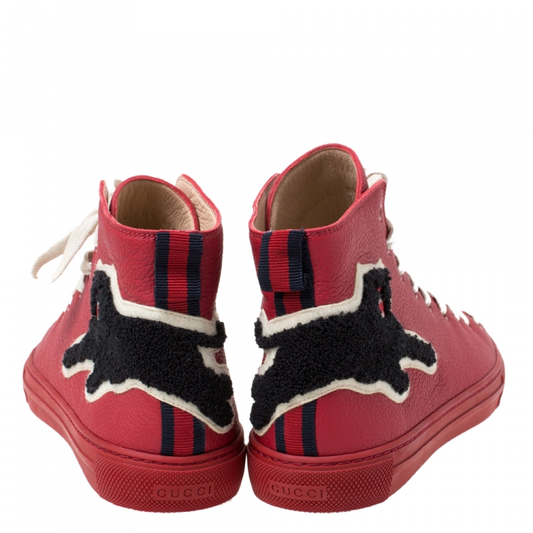 Pre Owned Gucci Red Leather Web Detail with  Panther High Top Lace Up Sneaker Size 42.5