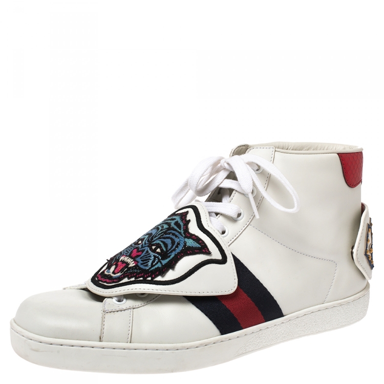 White Leather, Python Trim And Detail Lion Patch Ace Top Sneakers Size 42.5 Gucci | TLC