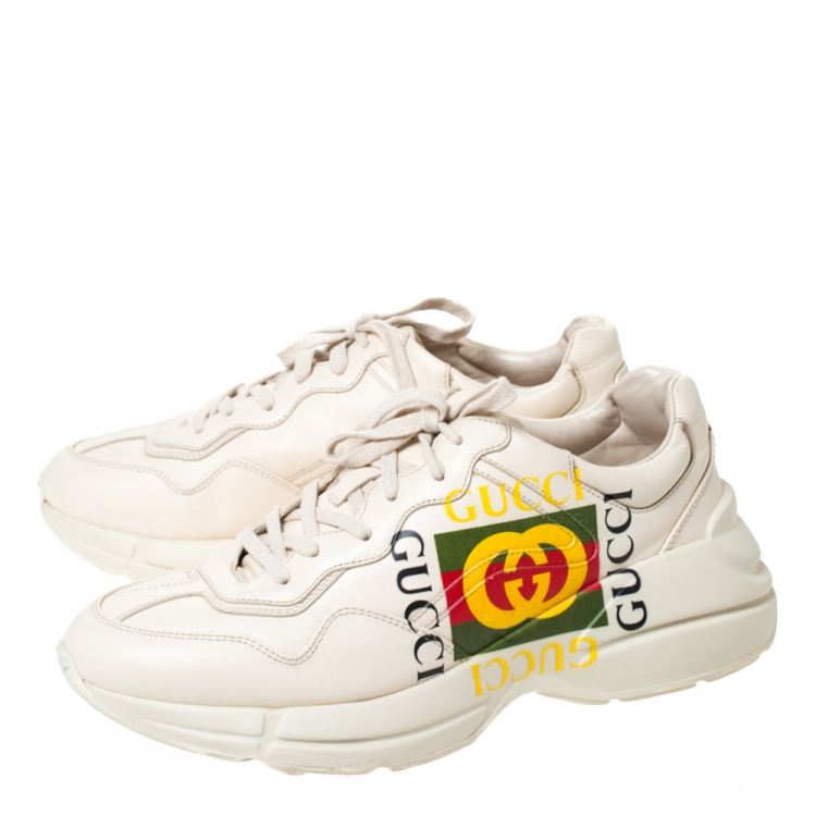 Pre Owned Gucci Ivory Leather Rhyton GG Logo Platform Sneakers Size 42.5
