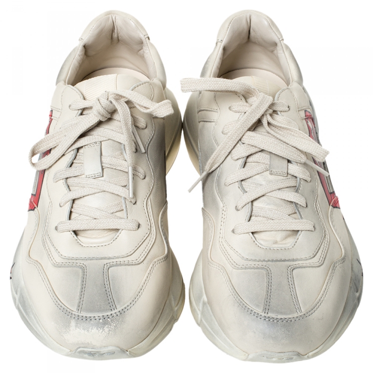 Pre Owned Gucci Ivory Distressed Leather Rhyton Mouth Print Platform Sneakers Size 41.5