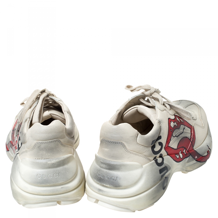 Pre Owned Gucci Ivory Distressed Leather Rhyton Mouth Print Platform Sneakers Size 41.5