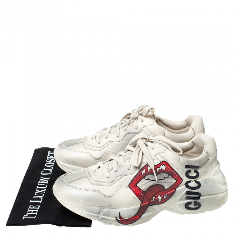 Pre Owned Gucci Ivory Distressed Leather Rhyton Mouth Print Platform Sneakers Size 41.5