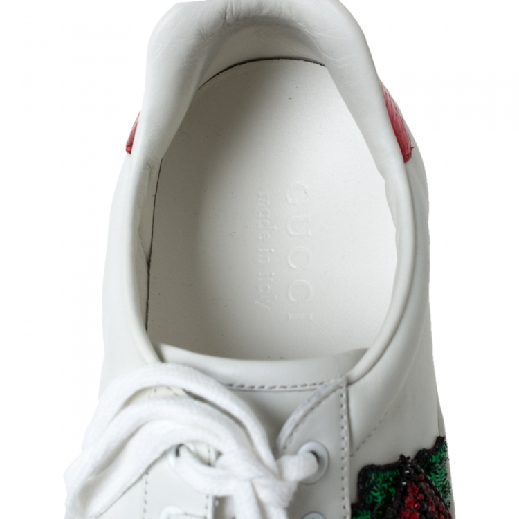 Pre Owned Gucci White Leather Sequins And Crystal Lips Ace Low Top Sneakers Size 41