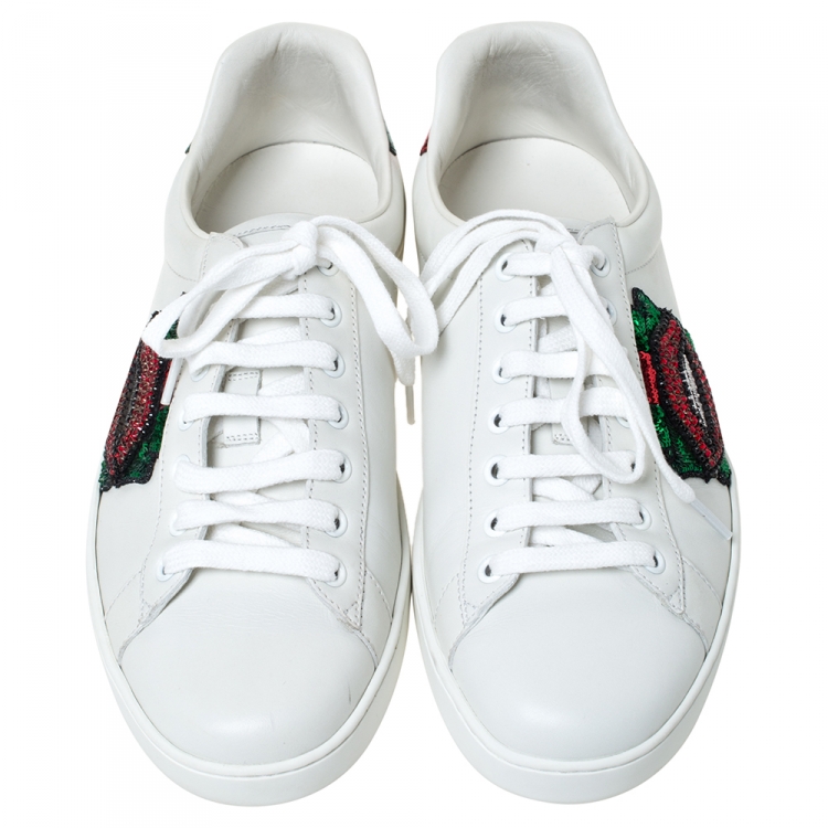 Pre Owned Gucci White Leather Sequins And Crystal Lips Ace Low Top Sneakers Size 41