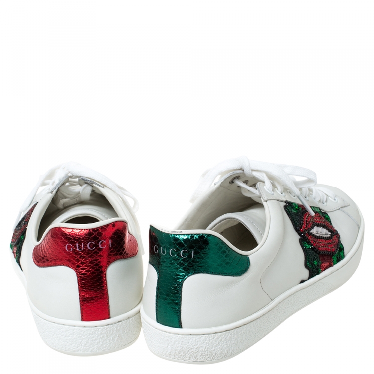 Pre Owned Gucci White Leather Sequins And Crystal Lips Ace Low Top Sneakers Size 41