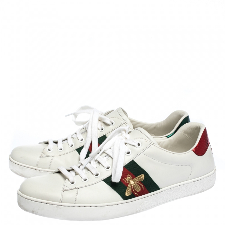 Pre Owned Gucci White Leather Ace Web Bee Low Top Sneakers Size 44