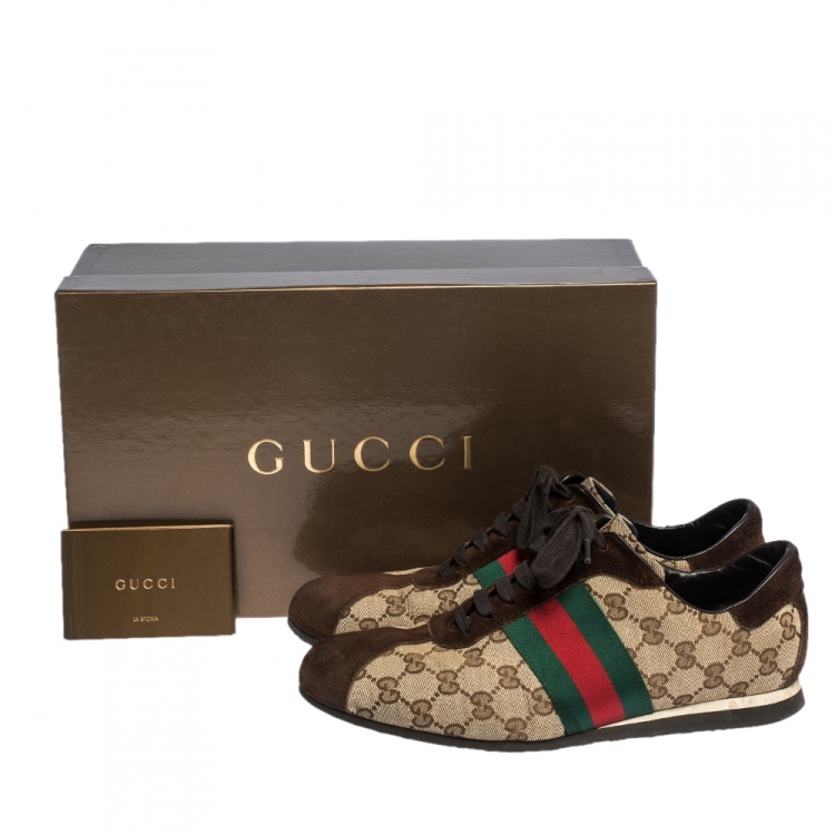 Pre Owned Gucci Brown/Beige GG Canvas and Suede Web Low Top Sneakers Size 40.5