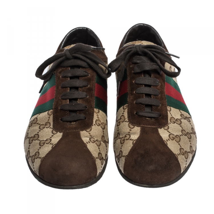 Pre Owned Gucci Brown/Beige GG Canvas and Suede Web Low Top Sneakers Size 40.5