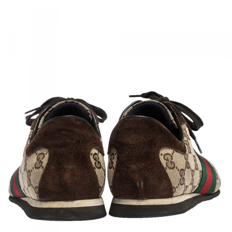 Pre Owned Gucci Brown/Beige GG Canvas and Suede Web Low Top Sneakers Size 40.5