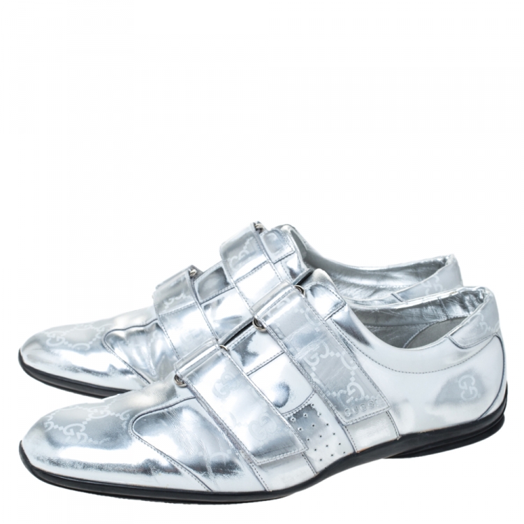 Pre Owned Gucci Silver Fade Effect Guccissima Leather Velcro Low Top Sneakers Size 43.5