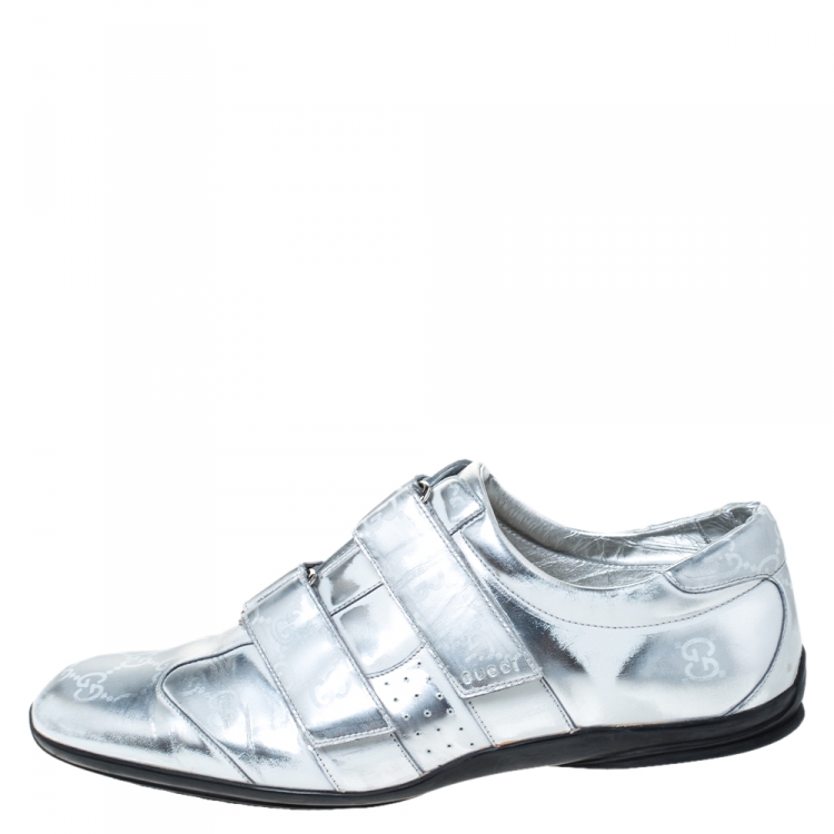 Pre Owned Gucci Silver Fade Effect Guccissima Leather Velcro Low Top Sneakers Size 43.5