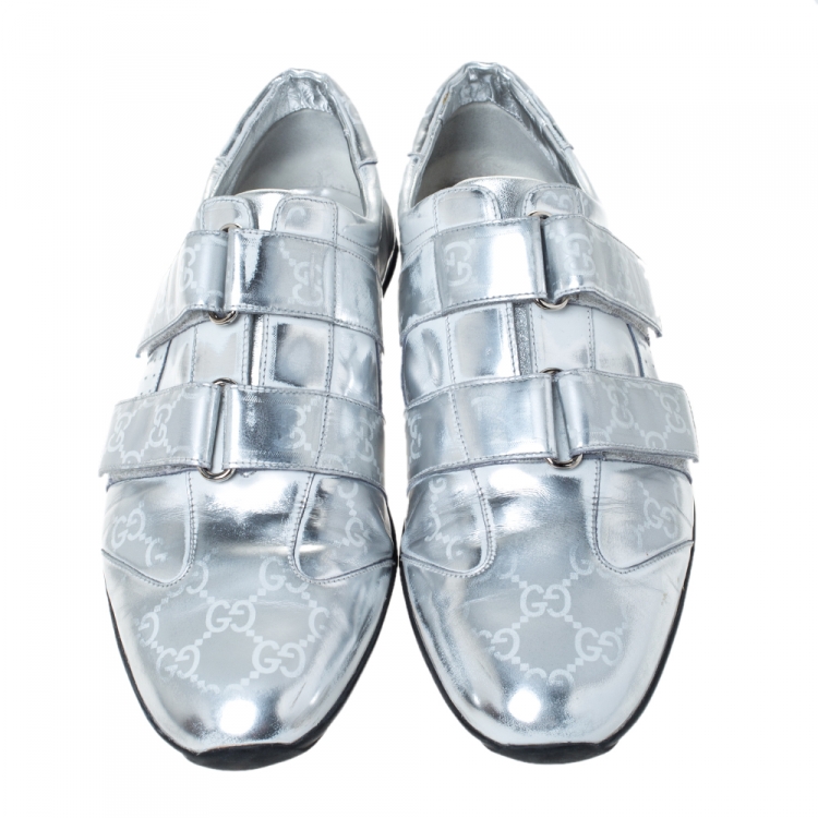 Pre Owned Gucci Silver Fade Effect Guccissima Leather Velcro Low Top Sneakers Size 43.5