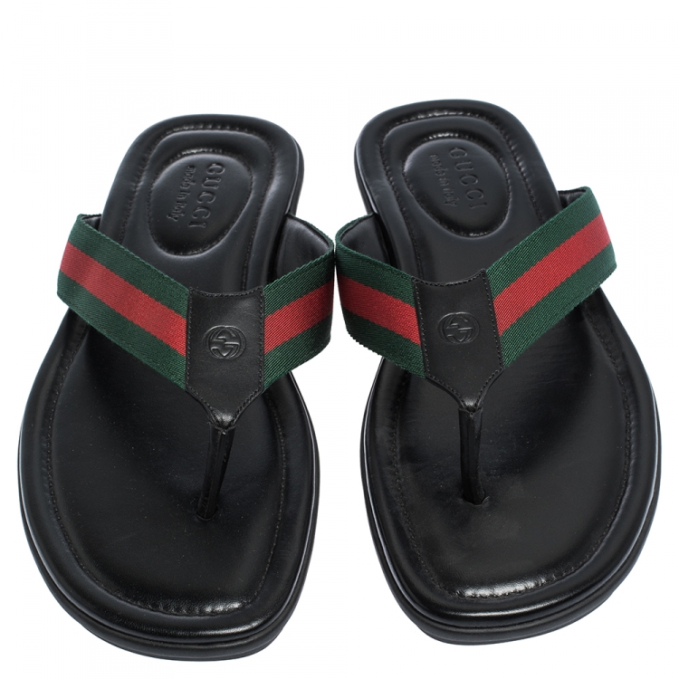 Pre Owned Gucci Black GG Leather Web Detail Thong Flats Size 42.5