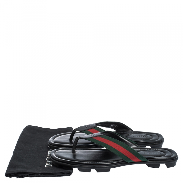 Pre Owned Gucci Black GG Leather Web Detail Thong Flats Size 42.5