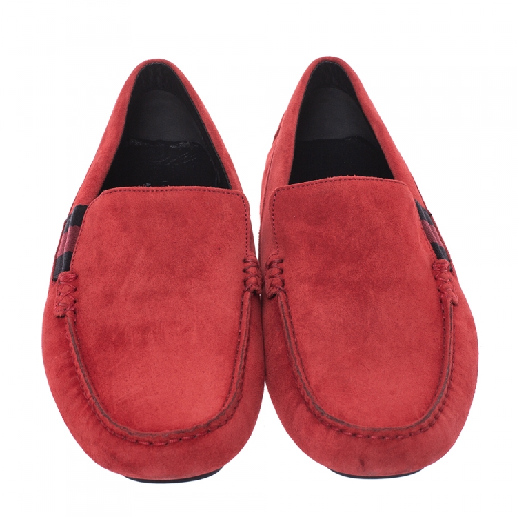 Pre Owned Gucci Red Suede Web Detail New Praga Slip On Loafers Size 42.5