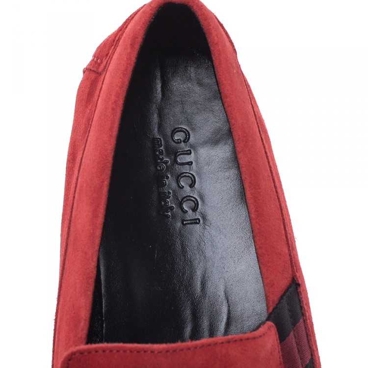 Pre Owned Gucci Red Suede Web Detail New Praga Slip On Loafers Size 42.5