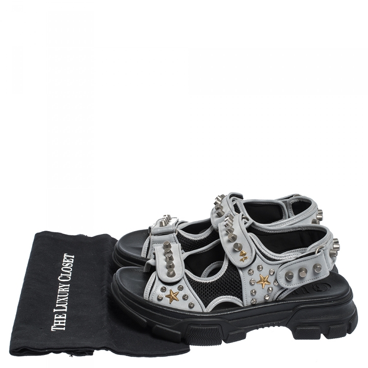 Pre Owned Gucci Grey/Black Leather and Mesh Aguru Studded Sandals Size 41