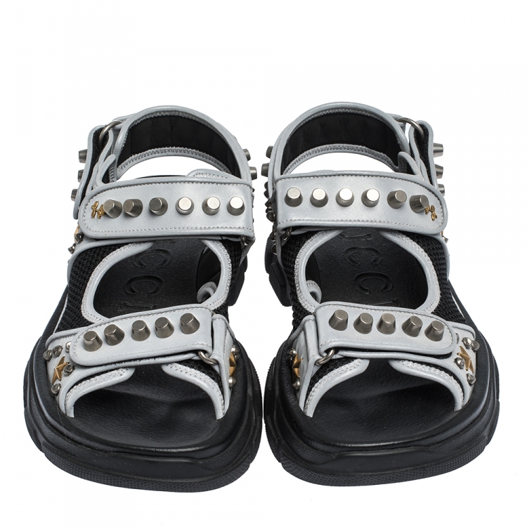 Pre Owned Gucci Grey/Black Leather and Mesh Aguru Studded Sandals Size 41