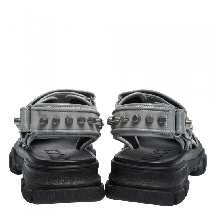 Pre Owned Gucci Grey/Black Leather and Mesh Aguru Studded Sandals Size 41
