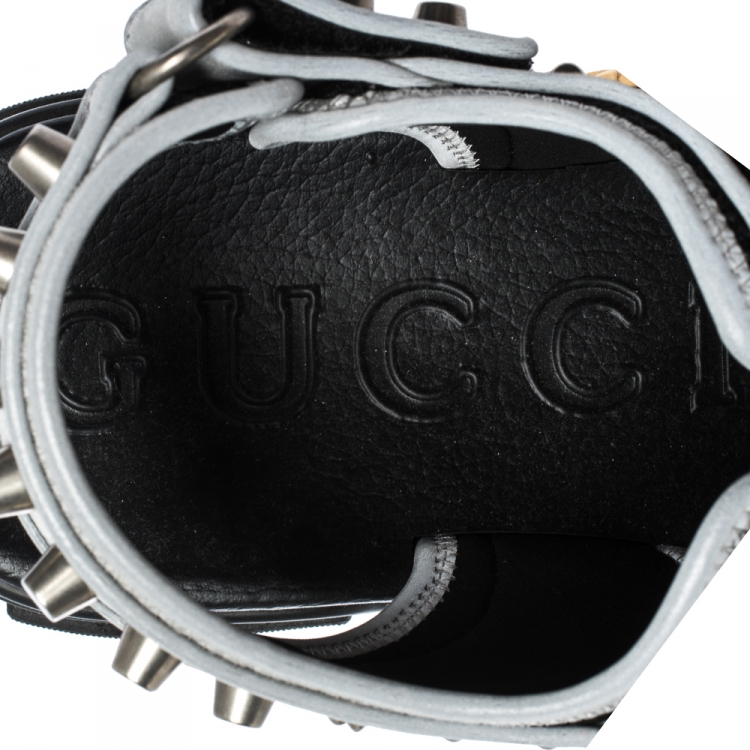 Pre Owned Gucci Grey/Black Leather and Mesh Aguru Studded Sandals Size 41