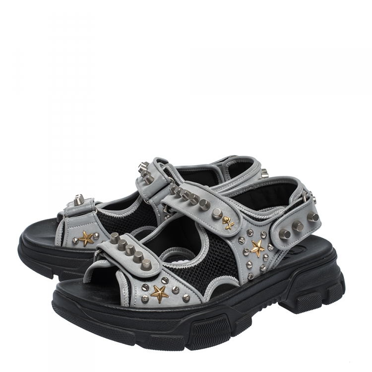 Pre Owned Gucci Grey/Black Leather and Mesh Aguru Studded Sandals Size 41