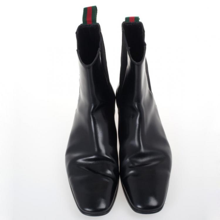 Pre Owned Gucci Black Leather Ankle Boots With Web Detail Size 43.5