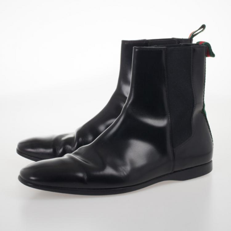 Pre Owned Gucci Black Leather Ankle Boots With Web Detail Size 43.5