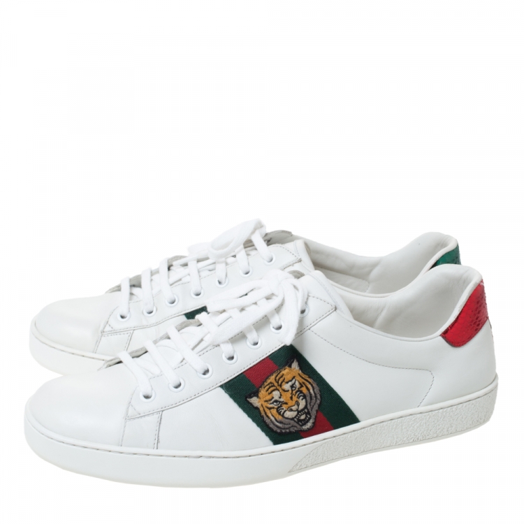 Pre Owned Gucci White Leather Ace Embroidered Tiger Low Top Sneakers Size 45