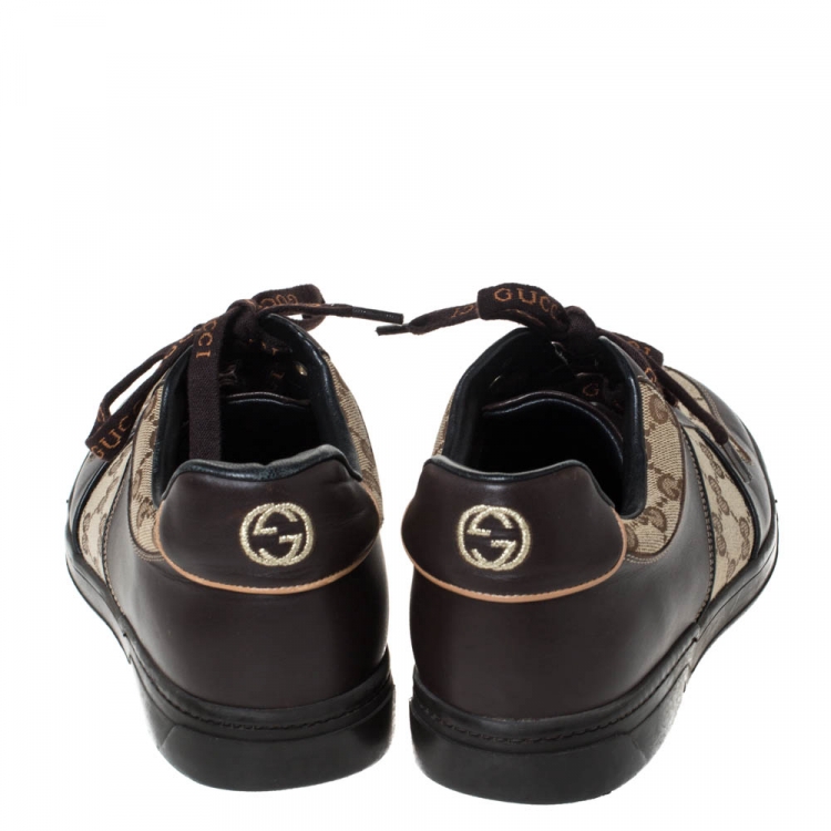 Pre Owned Gucci Brown/Beige GG Canvas and Leather Low Top Sneakers Size 43