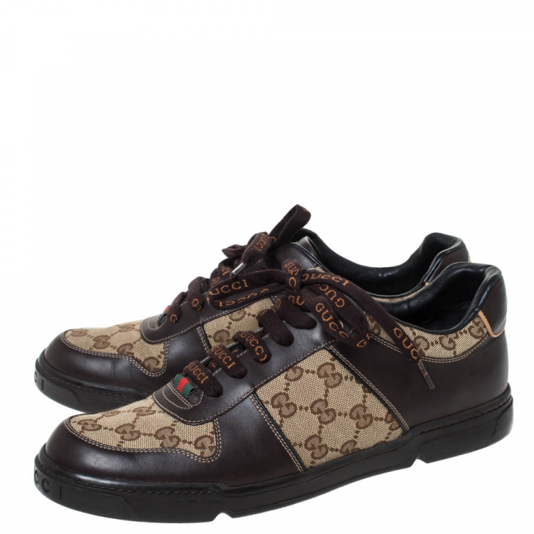 Pre Owned Gucci Brown/Beige GG Canvas and Leather Low Top Sneakers Size 43