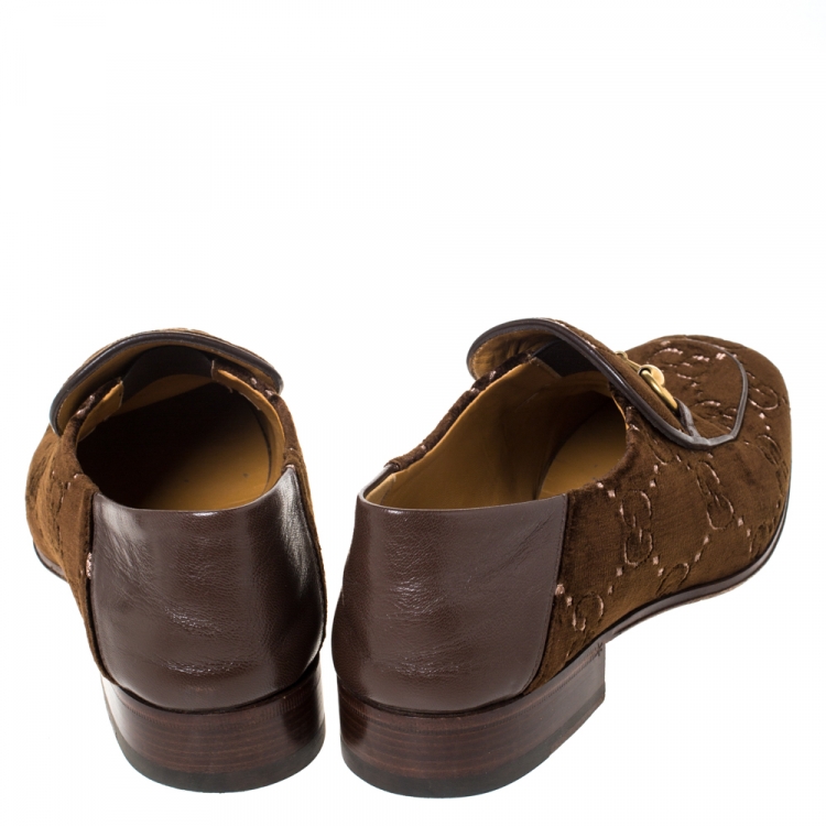 Pre Owned Gucci Brown GG Velvet And Leather Jordaan Horsebit Loafers Size 40.5