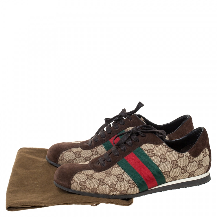 Pre Owned Gucci Brown/Beige GG Canvas and Suede Web Low Top Sneakers Size 41