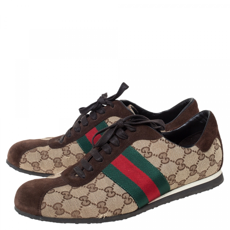 Pre Owned Gucci Brown/Beige GG Canvas and Suede Web Low Top Sneakers Size 41