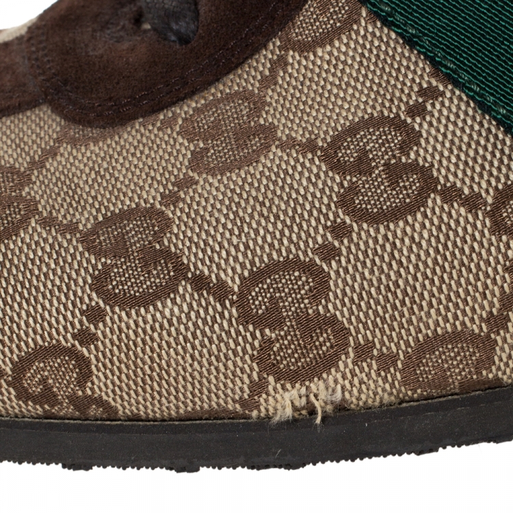 Pre Owned Gucci Brown/Beige GG Canvas and Suede Web Low Top Sneakers Size 41