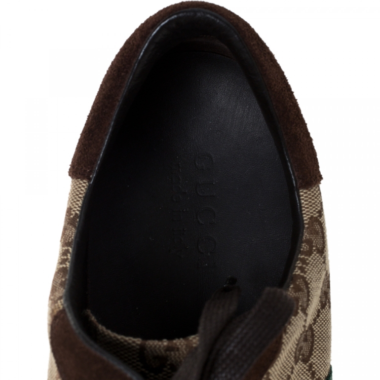 Pre Owned Gucci Brown/Beige GG Canvas and Suede Web Low Top Sneakers Size 41