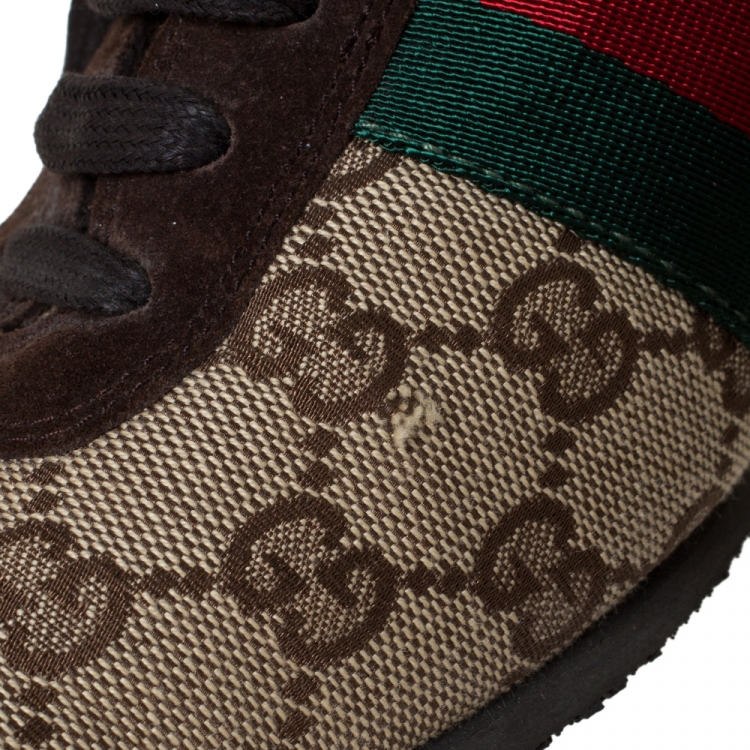 Pre Owned Gucci Brown/Beige GG Canvas and Suede Web Low Top Sneakers Size 41