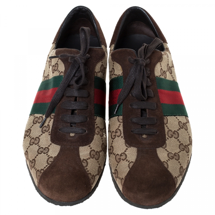 Pre Owned Gucci Brown/Beige GG Canvas and Suede Web Low Top Sneakers Size 41