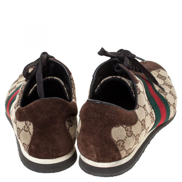 Pre Owned Gucci Brown/Beige GG Canvas and Suede Web Low Top Sneakers Size 41