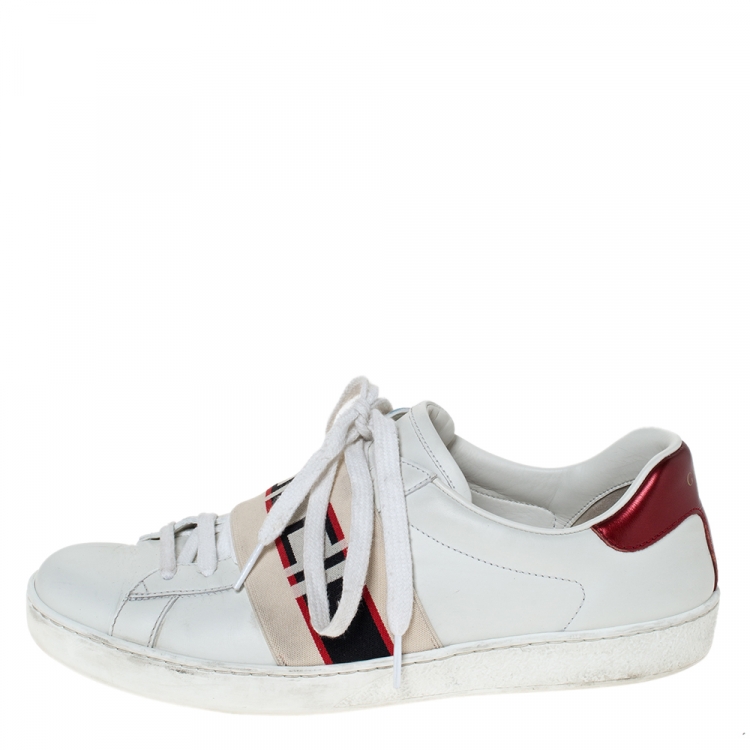 Pre Owned Gucci White Leather Ace Stripe Low Top Sneakers Size 40.5