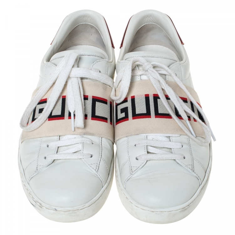 Pre Owned Gucci White Leather Ace Stripe Low Top Sneakers Size 40.5